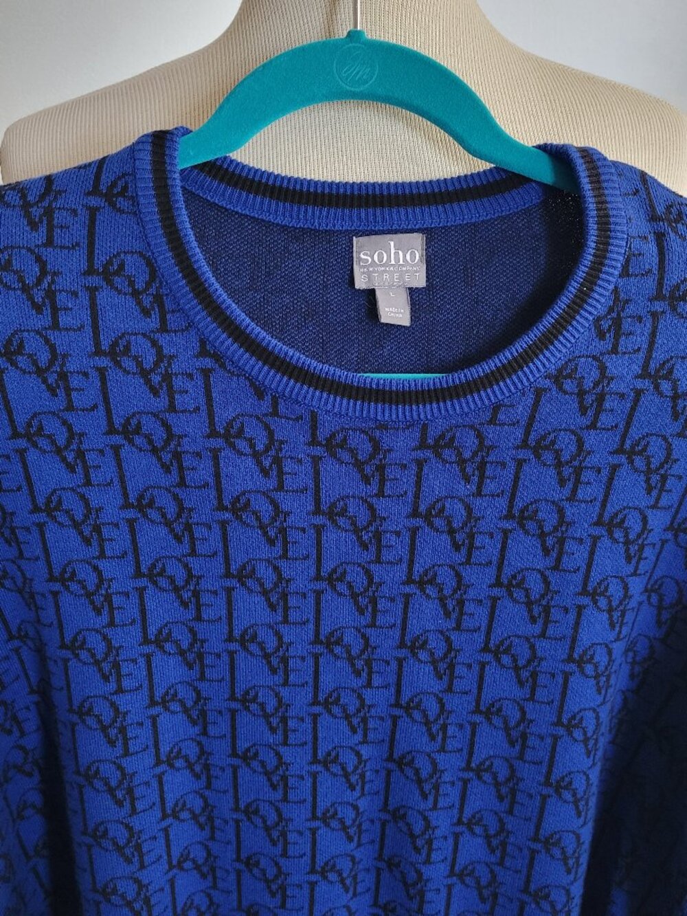 New York & Company Cobalt Blue “LOVE” Monogram Knit Sweater | Women’s Large
